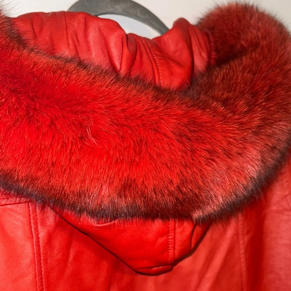 Women's Red Leather Jacket with fox Fur around the hood🥰 - Picture 5 of 14
